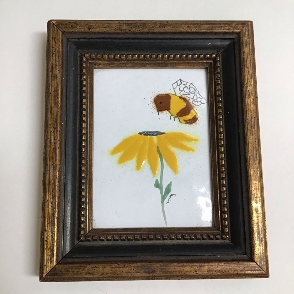 Enamel on Copper Framed Bee and Sunflower Mini Picture 4.5”x5.5” Mid Century Mod
